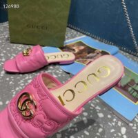 Gucci Women Matelassé Slide Sandal Pink GG Matelassé Leather Square Toe Flat (1)