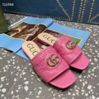 Gucci Women Matelassé Slide Sandal Pink GG Matelassé Leather Square Toe Flat (1)