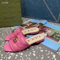 Gucci Women Matelassé Slide Sandal Pink GG Matelassé Leather Square Toe Flat (1)