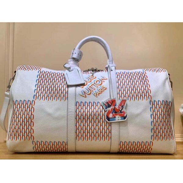 Louis Vuitton LV Unisex Keepall 50B White Damier Spray Cowhide Leather Textile Lining (3)