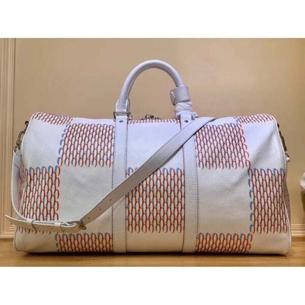 Louis Vuitton LV Unisex Keepall 50B White Damier Spray Cowhide Leather Textile Lining (5)