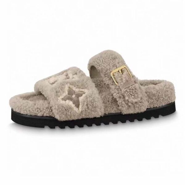 Louis Vuitton LV Unisex Paseo Flat Comfort Mule Beige Shearling Monogram Flowers (10)