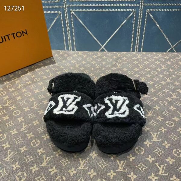 Louis Vuitton LV Unisex Paseo Flat Comfort Mule Black Shearling Monogram Flowers (6)