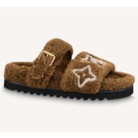 Louis Vuitton LV Unisex Paseo Flat Comfort Mule Cognac Brown Shearling Monogram Flowers (10)