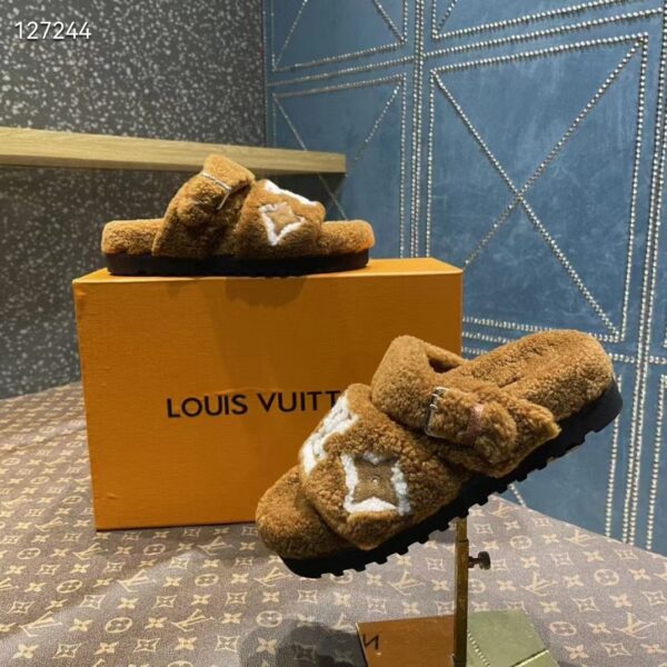 Louis Vuitton LV Unisex Paseo Flat Comfort Mule Cognac Brown Shearling Monogram Flowers (5)