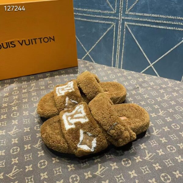 Louis Vuitton LV Unisex Paseo Flat Comfort Mule Cognac Brown Shearling Monogram Flowers (6)