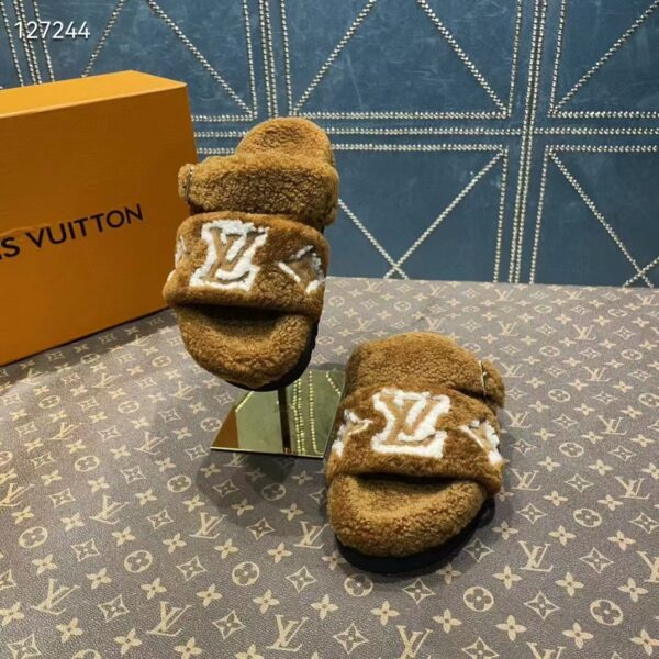 Louis Vuitton LV Unisex Paseo Flat Comfort Mule Cognac Brown Shearling Monogram Flowers (9)