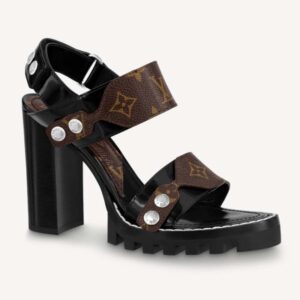 Louis Vuitton LV Women Star Trail Sandal Black Calf Leather Patent Monogram Canvas 9.5 cm Heel