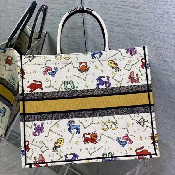 Dior Unisex CD Large Book Tote Latte Multicolor Dior Pixel Zodiac Embroidery (10)