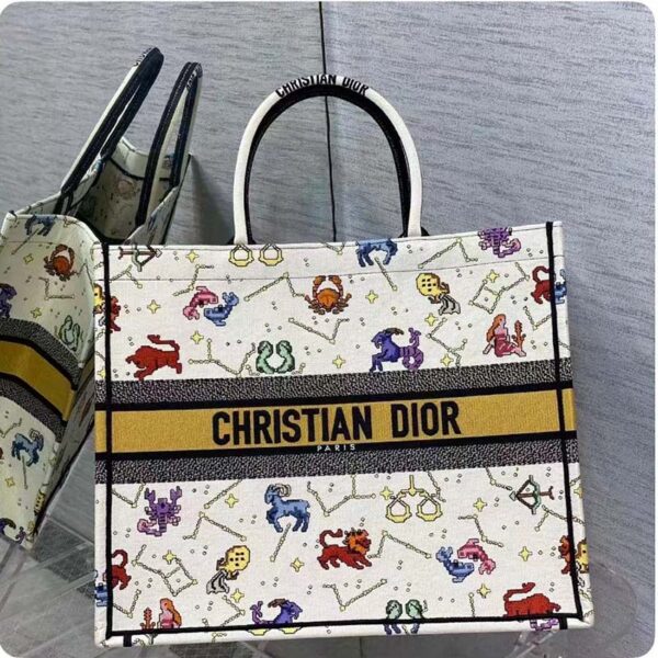 Dior Unisex CD Large Book Tote Latte Multicolor Dior Pixel Zodiac Embroidery (4)