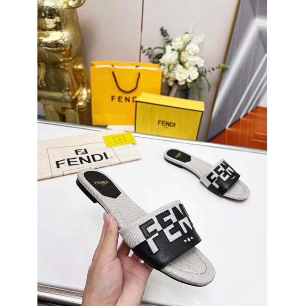 Fendi Women FF Signature Canvas Black Leather Slides 1 Cm Heel (10)