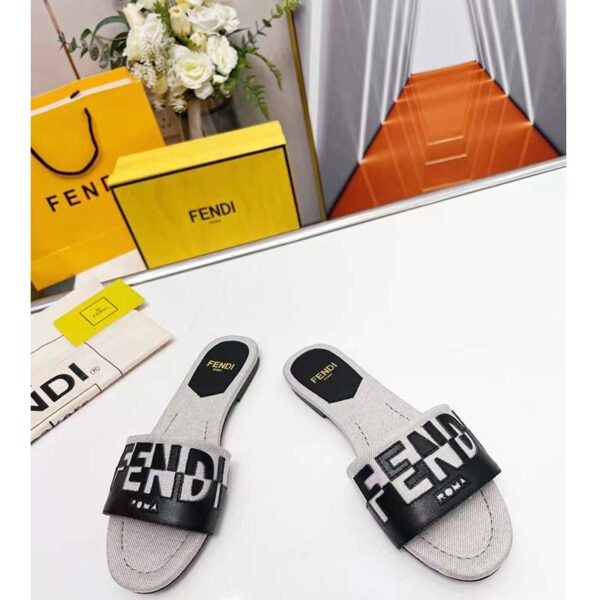 Fendi Women FF Signature Canvas Black Leather Slides 1 Cm Heel (2)