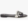 Fendi Women FF Signature Canvas Black Leather Slides 1 Cm Heel