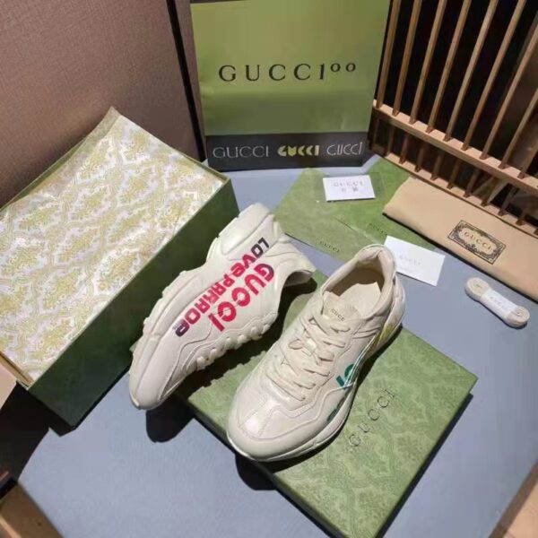 Gucci Unisex GG Rhyton Love Parade Sneaker Ivory Leather Rubber Sole Low Heel (8)