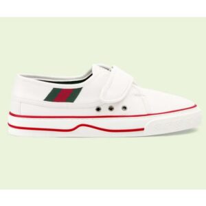 Gucci Unisex GG Tennis 1977 Sneaker White Leather Rubber Sole Velcro Closure Flat