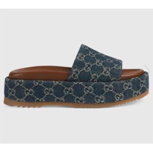 Gucci Unisex Platform Slide Sandal Dark Blue Ivory Eco Washed Organic GG Jacquard Denim