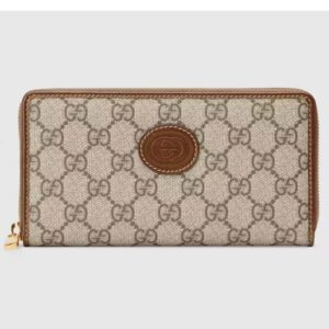 Gucci Unisex Zip Around Wallet Interlocking G Beige Ebony GG Supreme Canvas