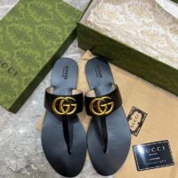 Gucci Women GG Leather Thong Sandal Double G Black Flat (4)