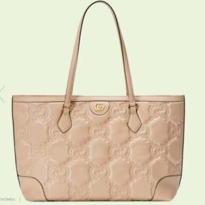 Gucci Women GG Matelassé Leather Medium Tote Beige Matelassé Chevron Double G