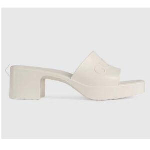 Gucci Women GG Rubber Slide Sandal White Mid-Heel 6 Cm Heel