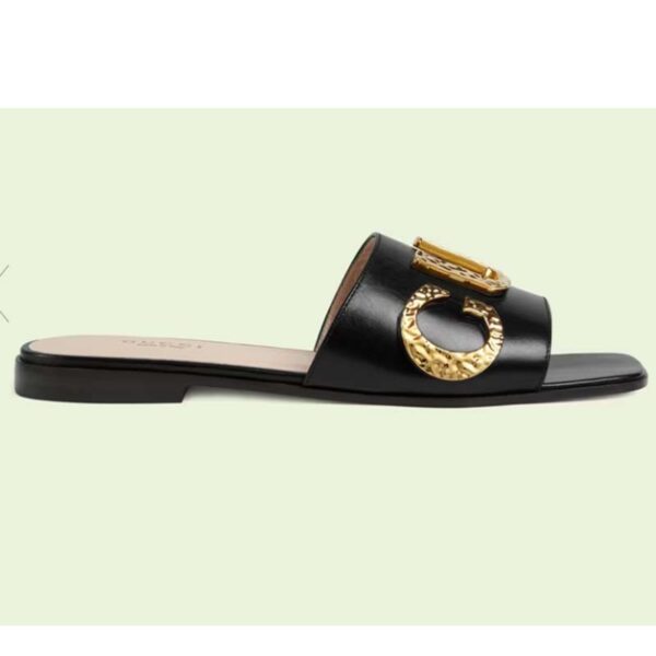 Gucci Women GG Slide Sandal Black Leather Textured Logo Star Flat 1 Cm Heel (2)