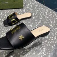 Gucci Women GG Slide Sandal Black Leather Textured Logo Star Flat 1 Cm Heel (2)