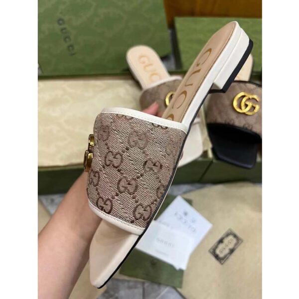 Gucci Women GG Slide Sandal Double G Beige Ebony Orignal GG Canvas (2)