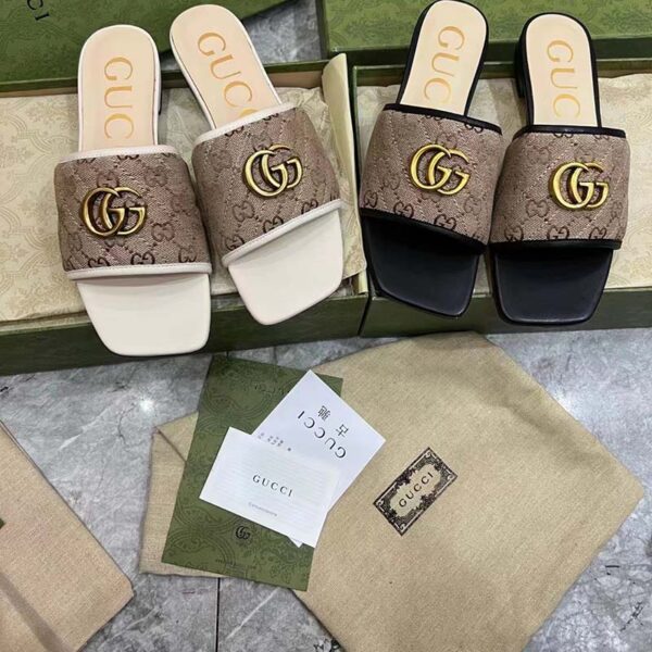 Gucci Women GG Slide Sandal Double G Beige Ebony Orignal GG Canvas (5)