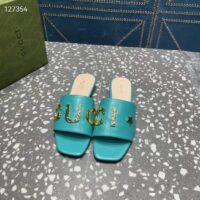 Gucci Women GG Slide Sandal Turquoise Leather Textured Logo Star Flat 1 Cm Heel (4)