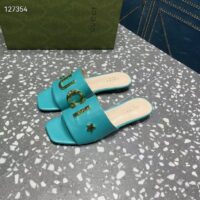 Gucci Women GG Slide Sandal Turquoise Leather Textured Logo Star Flat 1 Cm Heel (4)