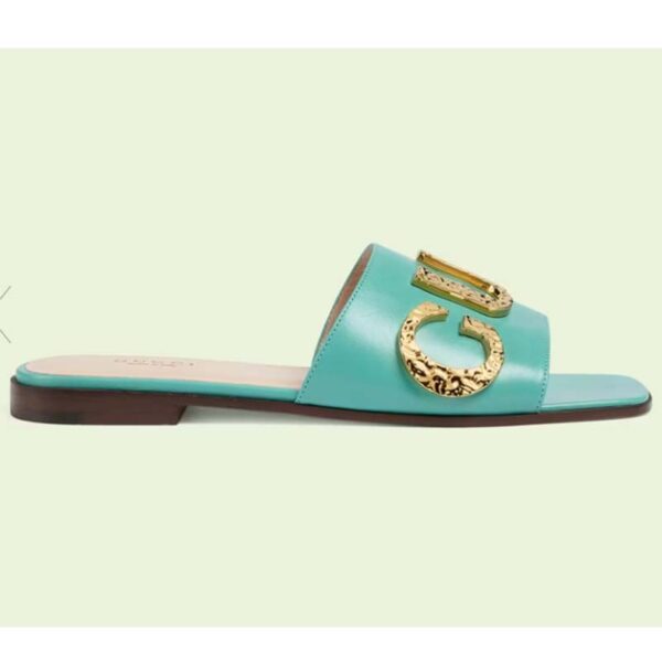 Gucci Women GG Slide Sandal Turquoise Leather Textured Logo Star Flat 1 Cm Heel (4)