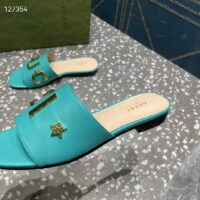 Gucci Women GG Slide Sandal Turquoise Leather Textured Logo Star Flat 1 Cm Heel (4)