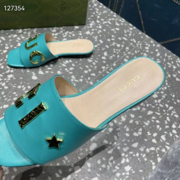 Gucci Women GG Slide Sandal Turquoise Leather Textured Logo Star Flat 1 Cm Heel (9)