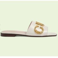 Gucci Women GG Slide Sandal White Leather Textured Logo Star Flat 1 Cm Heel (4)