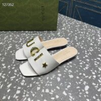 Gucci Women GG Slide Sandal White Leather Textured Logo Star Flat 1 Cm Heel (4)