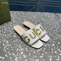 Gucci Women GG Slide Sandal White Leather Textured Logo Star Flat 1 Cm Heel (4)