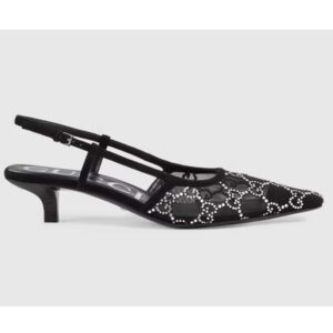 Gucci Women GG Slingback Pump Black Mesh GG Crystals Low 4 cm Heel