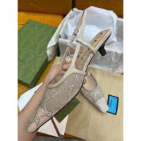 Gucci Women GG Slingback Pump Rose Beige Mesh Crystals Kitten 4 Cm Heel (6)