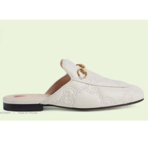 Gucci Women Maxi GG Matelassé Princetown Slipper White Horsebit Leather Sole Flat