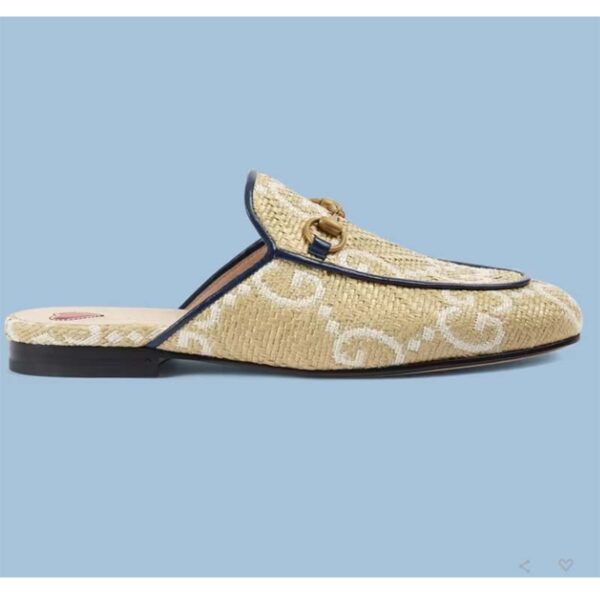 Gucci Women Maxi GG Princetown Slipper Beige White GG Raffia Effect Fabric Flat (5)