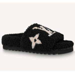 Louis Vuitton LV Unisex Paseo Flat Comfort Mule Black Shearling Anatomic Treaded Rubber