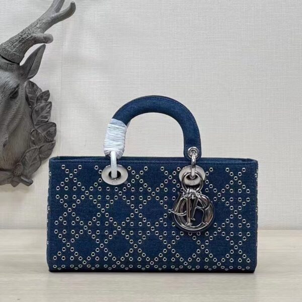 Dior Women CD Medium Lady D-Joy Bag Eyelet Blue Cannage Denim (3)