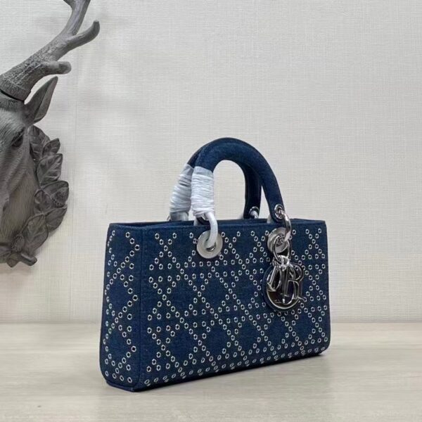 Dior Women CD Medium Lady D-Joy Bag Eyelet Blue Cannage Denim (6)