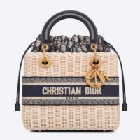 Dior Women CD Medium Lady Dior Bag Natural Wicker Blue Oblique Jacquard (10)