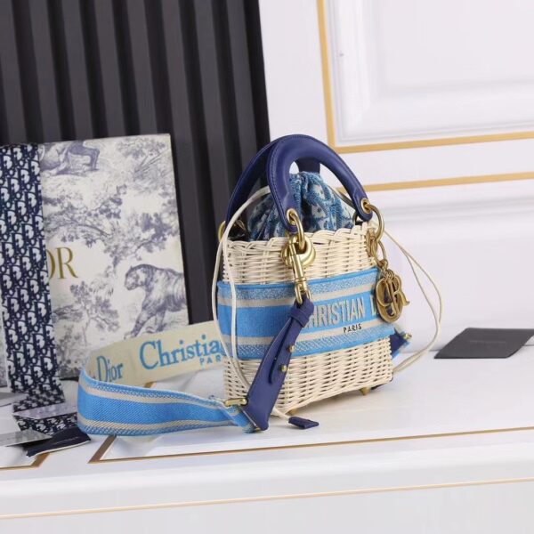 Dior Women CD Mini Lady Dior Handbag Natural Wicker Fluorescent Blue Oblique Jacquard (1)