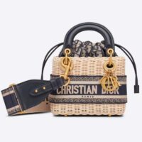 Dior Women CD Mini Lady Dior Handbag Natural Wicker Navy Blue Oblique Jacquard (7)