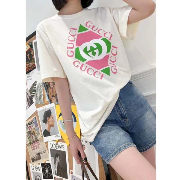 Gucci GG Women Vintage Logo Print T-shirt Off White Cotton Jersey Crewneck Short sleeves (12)