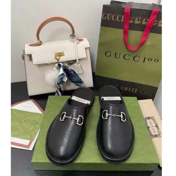 Gucci Unisex Horsebit Slip-On Sandal Black Leather Rubber Sole Flat (10)