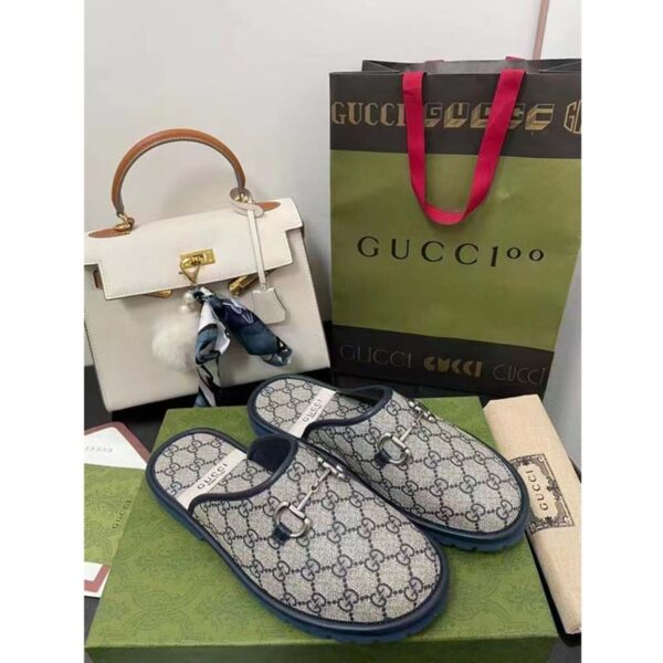 Gucci Unisex Slipper Blue Beige GG Supreme Canvas Rubber Sole Low 1 Cm Heel (1)