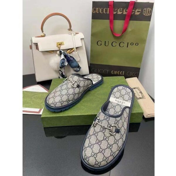 Gucci Unisex Slipper Blue Beige GG Supreme Canvas Rubber Sole Low 1 Cm Heel (11)